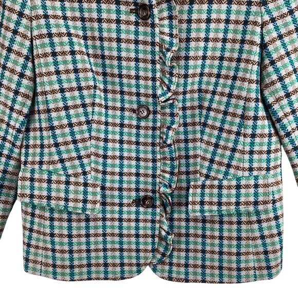 Talbots Plaid Blazer Jacket Size 10P Wool Blend Plaid Ruffle Brown/Teal - Picture 4 of 11